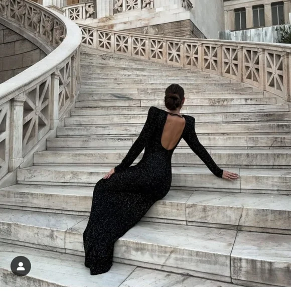 Zara  SEQUIN MAXI DRESS GOWN BLACK SIZE XS - Picture 6 of 16